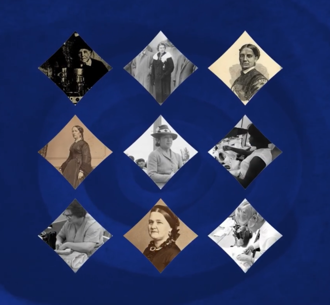 Black and white photographs of nine women on a blue background. Images are shaped like diamonds in a 3x3 grid that resembles a quilt pattern.